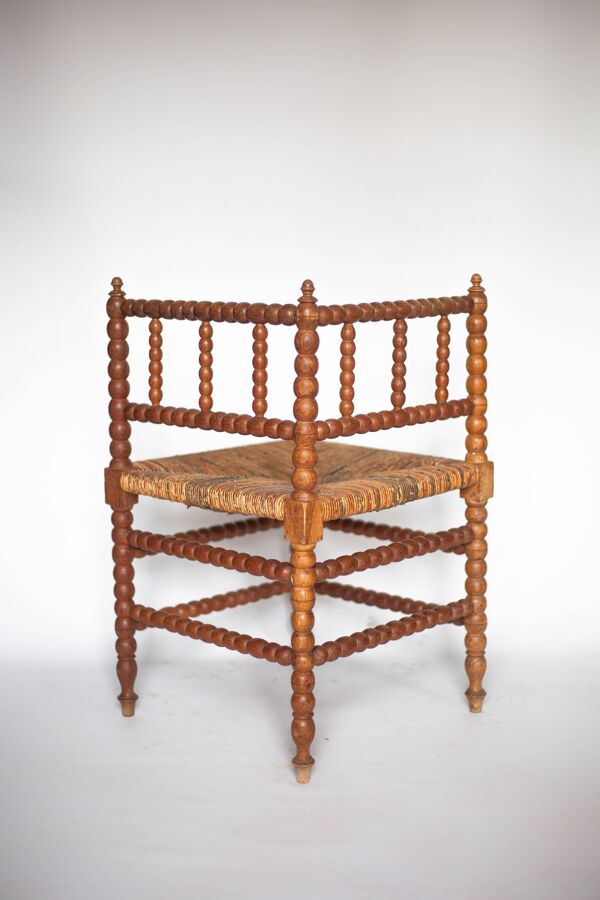 Chaise d'angle bois et cannage, chaise bobine ancienne, chaise d'appoint