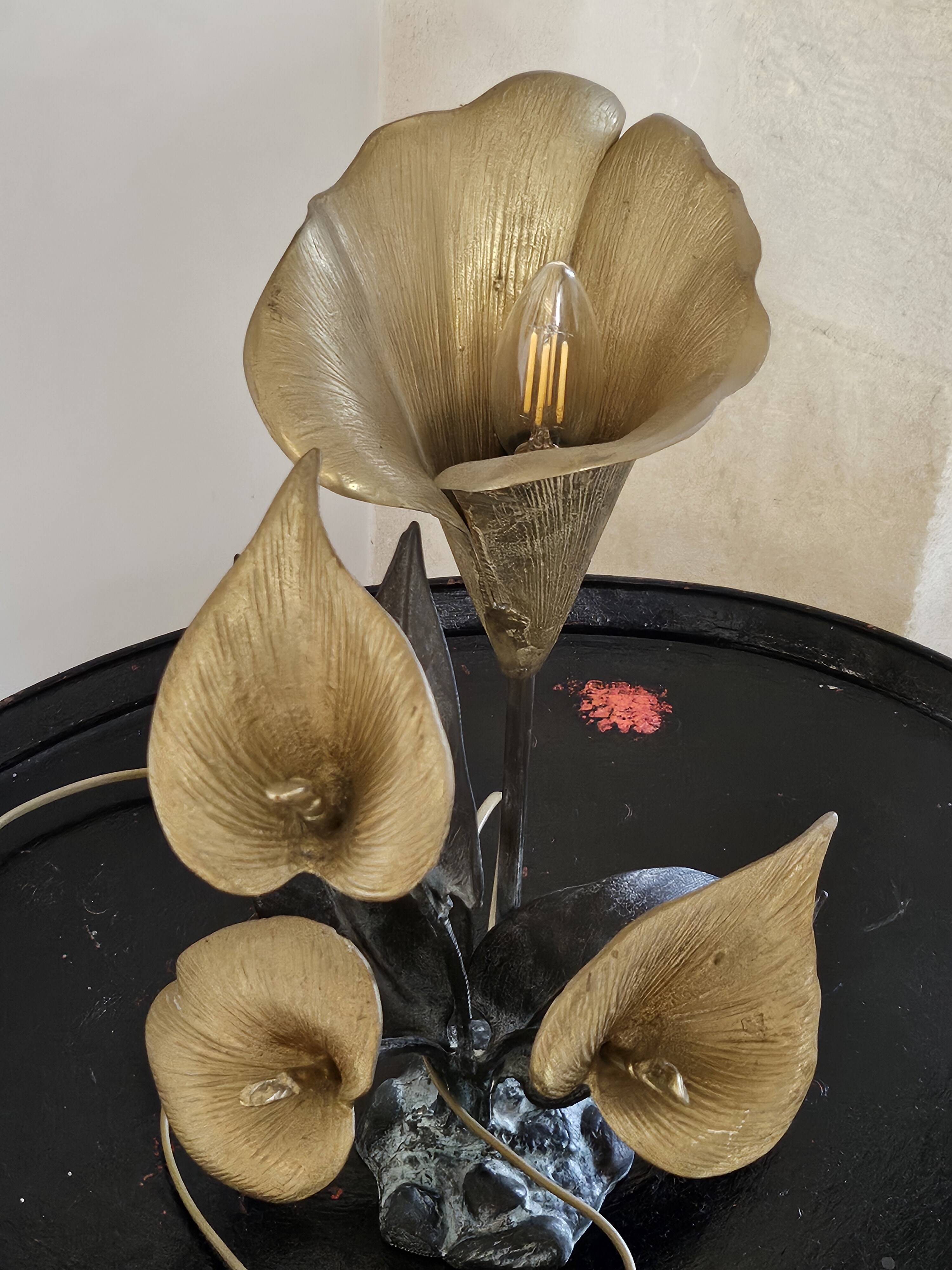 Metal sculpture lamp with golden calla lilies – 1970s