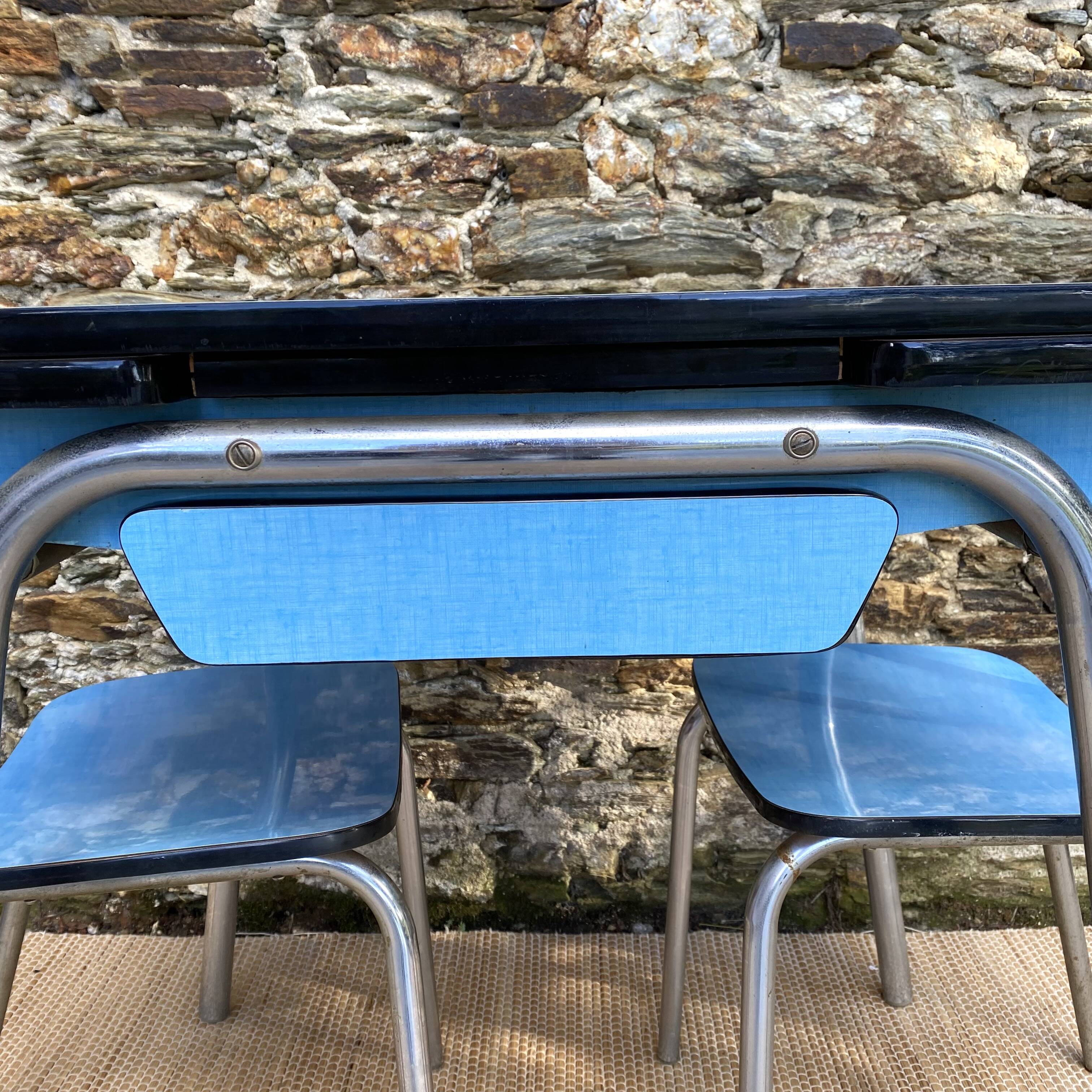 Extendable blue formica table and 2 chairs, 1960s