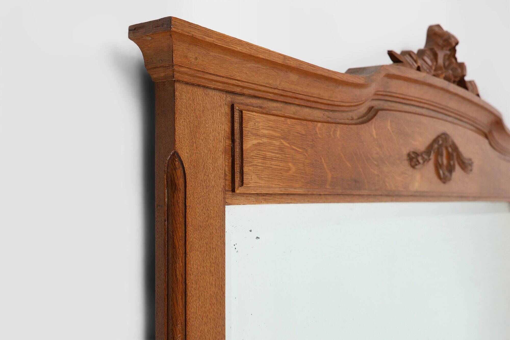 Art Deco Mirror in Oak with Carved Decorations and Facet Cut Mirror, 1930s