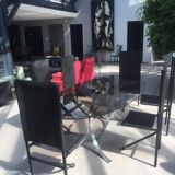 Set of 6 dining room chairs with tripod legs in grained leather and metal 1970