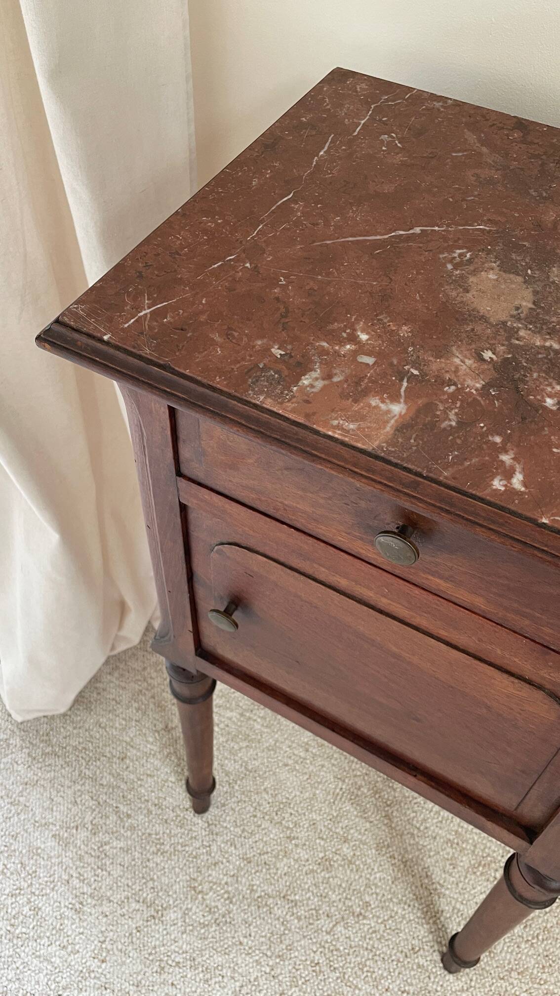 Antique bedside table in wood and marble