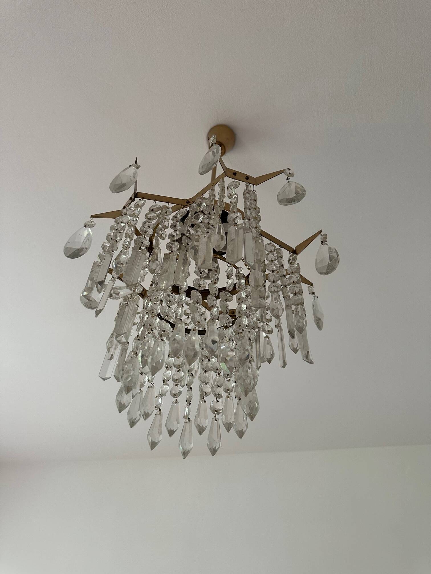 Midcentury brass crystal chandelier