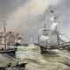 HST painting "Ship in port in heavy weather" 19th century signed Marschall