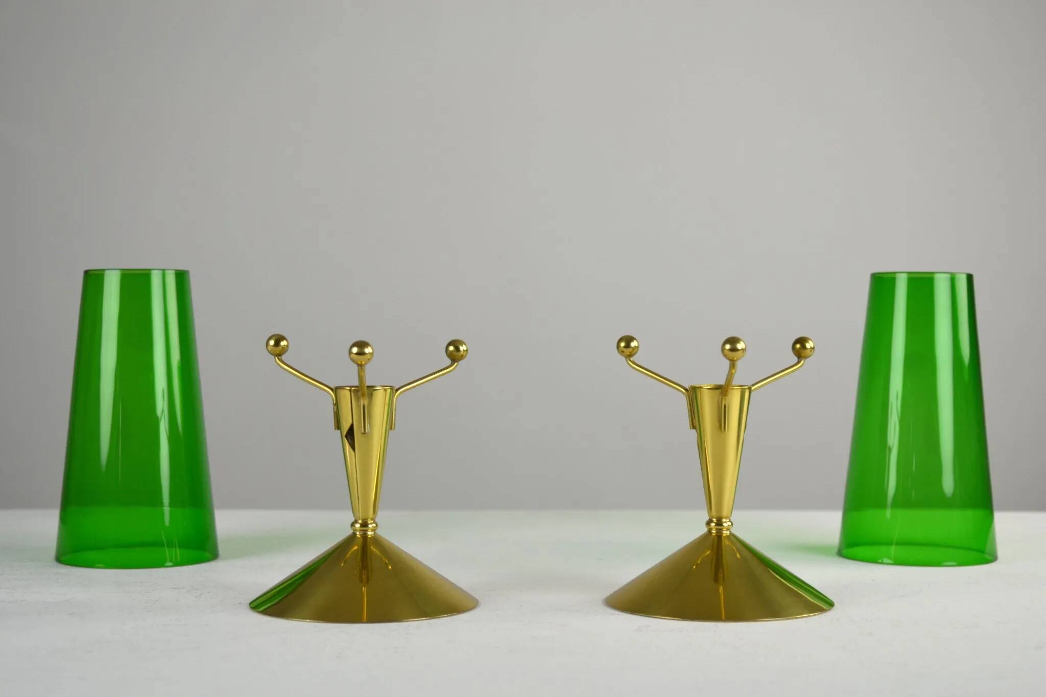 Pair of Brass & Green Glass Candleholders — Gunnar Ander for Ystad-Metall, Sweden, 1960s