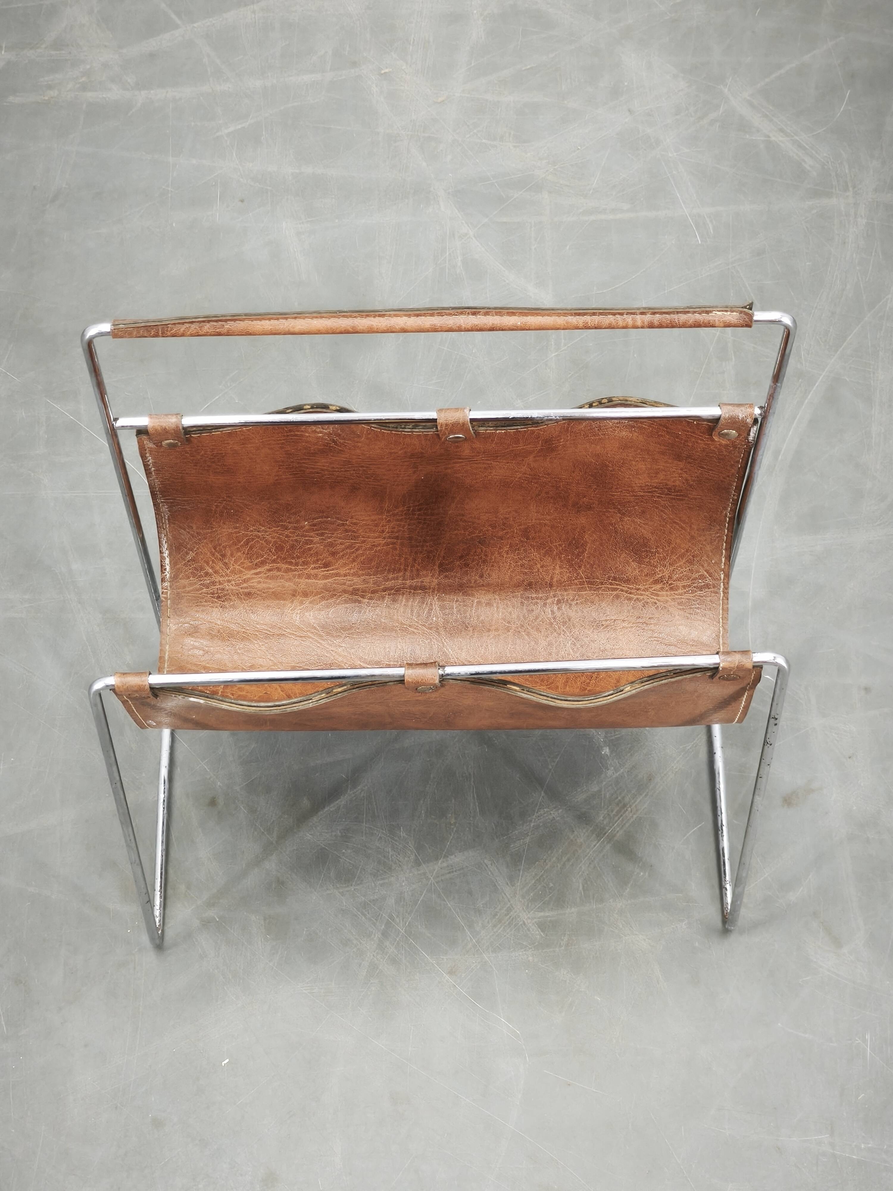 Italian Modernist Leather and Chrome Magazine Rack, 1980s