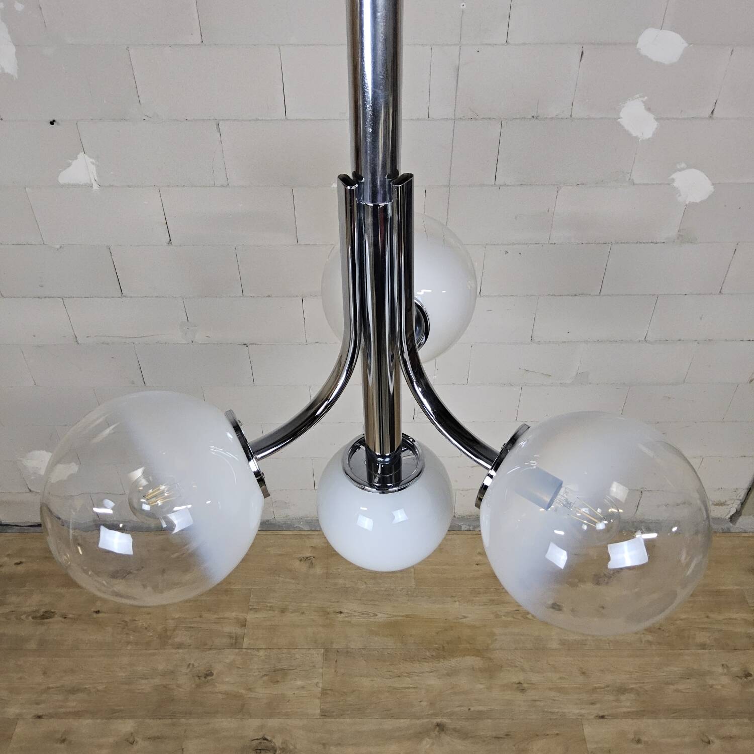 Vintage Space Age Chrome and Murano Glass Italian Pendant Lamp