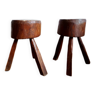 Pair of Brutalist wooden stools, circa 1960
