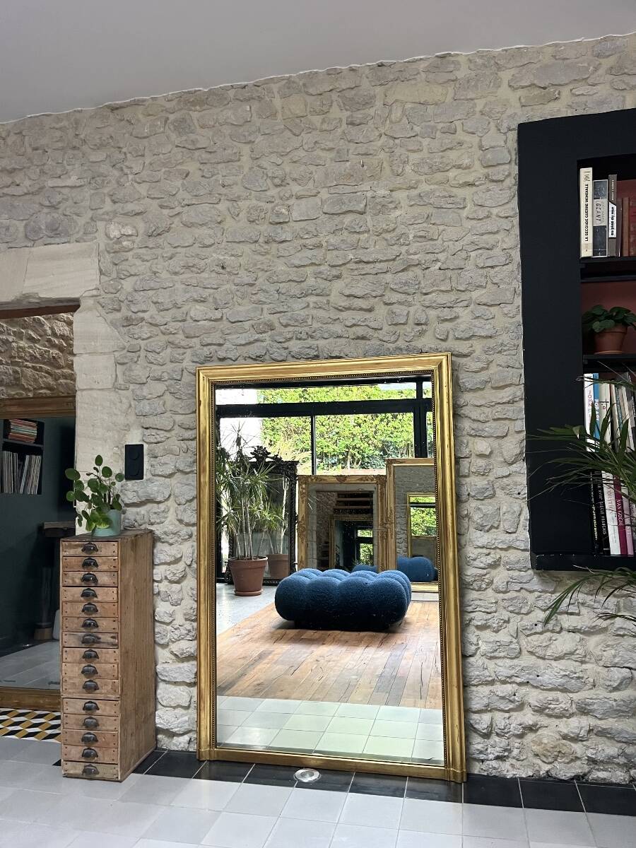 Pearled fireplace mirror 162.5/107.5cm gilded with gold leaf, fireplace trumeau, mirror.