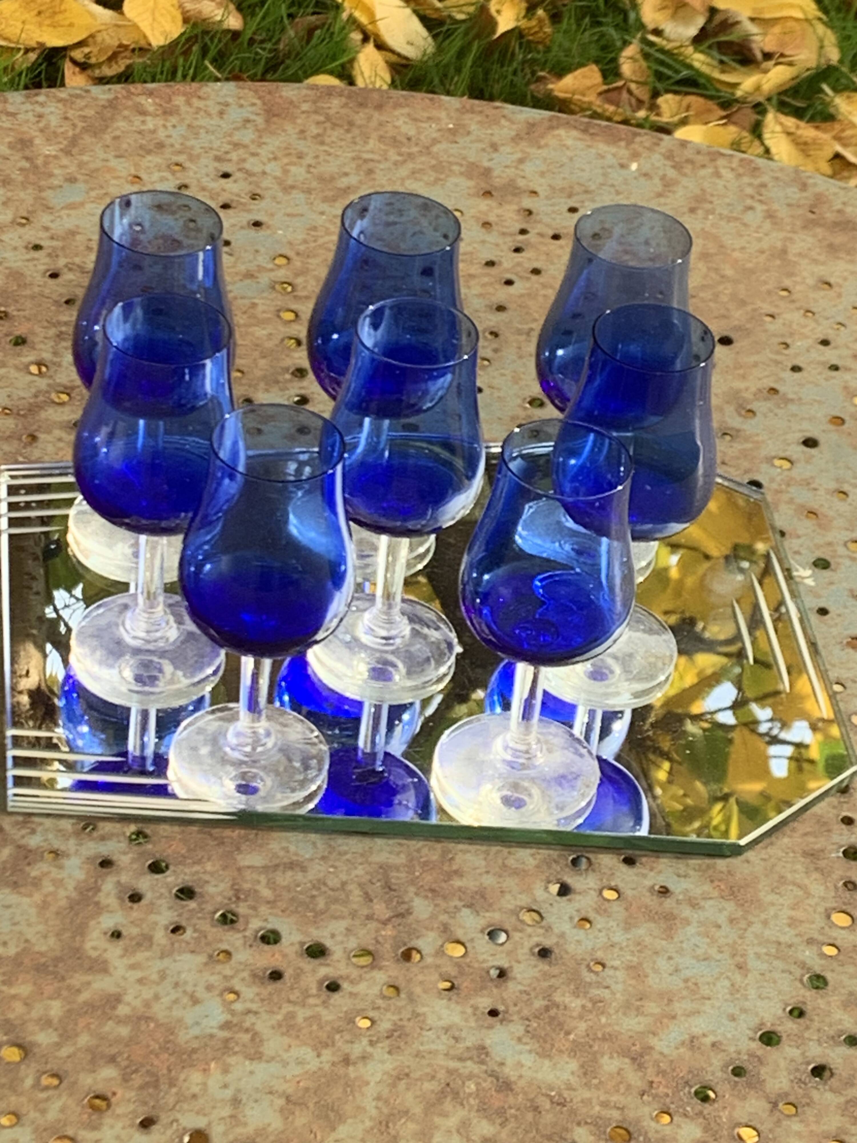 8 vintage cobalt blue glass port or aperitif glasses with transparent base