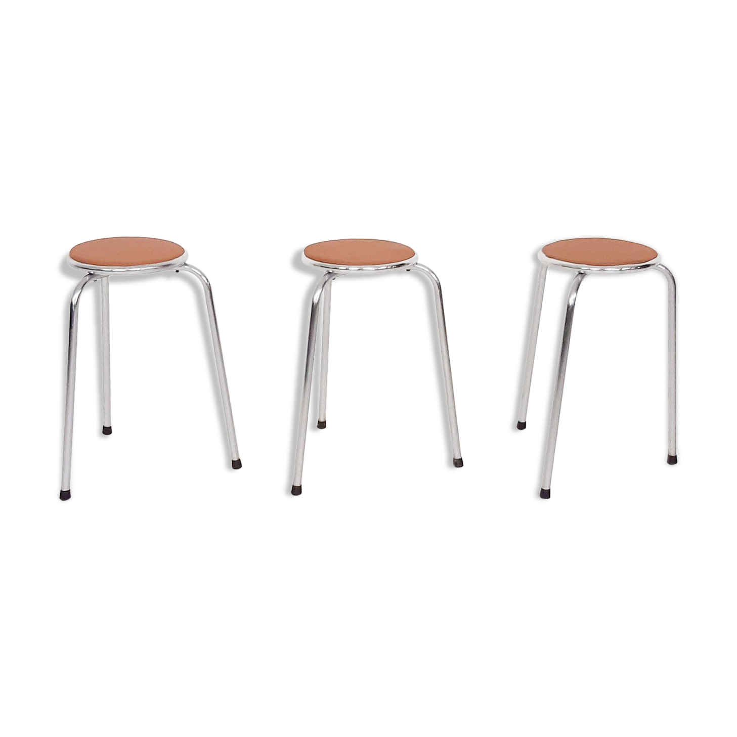 Set of 3 chrome stools with cognac leather seating, 1960's