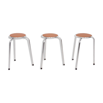 Set of 3 chrome stools with cognac leather seating, 1960's