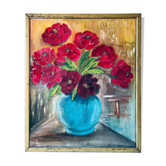 Huile sur toile ancienne bouquet de pivoines