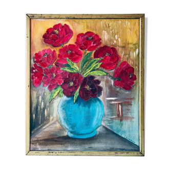 Oil on canvas old bunch of peonies