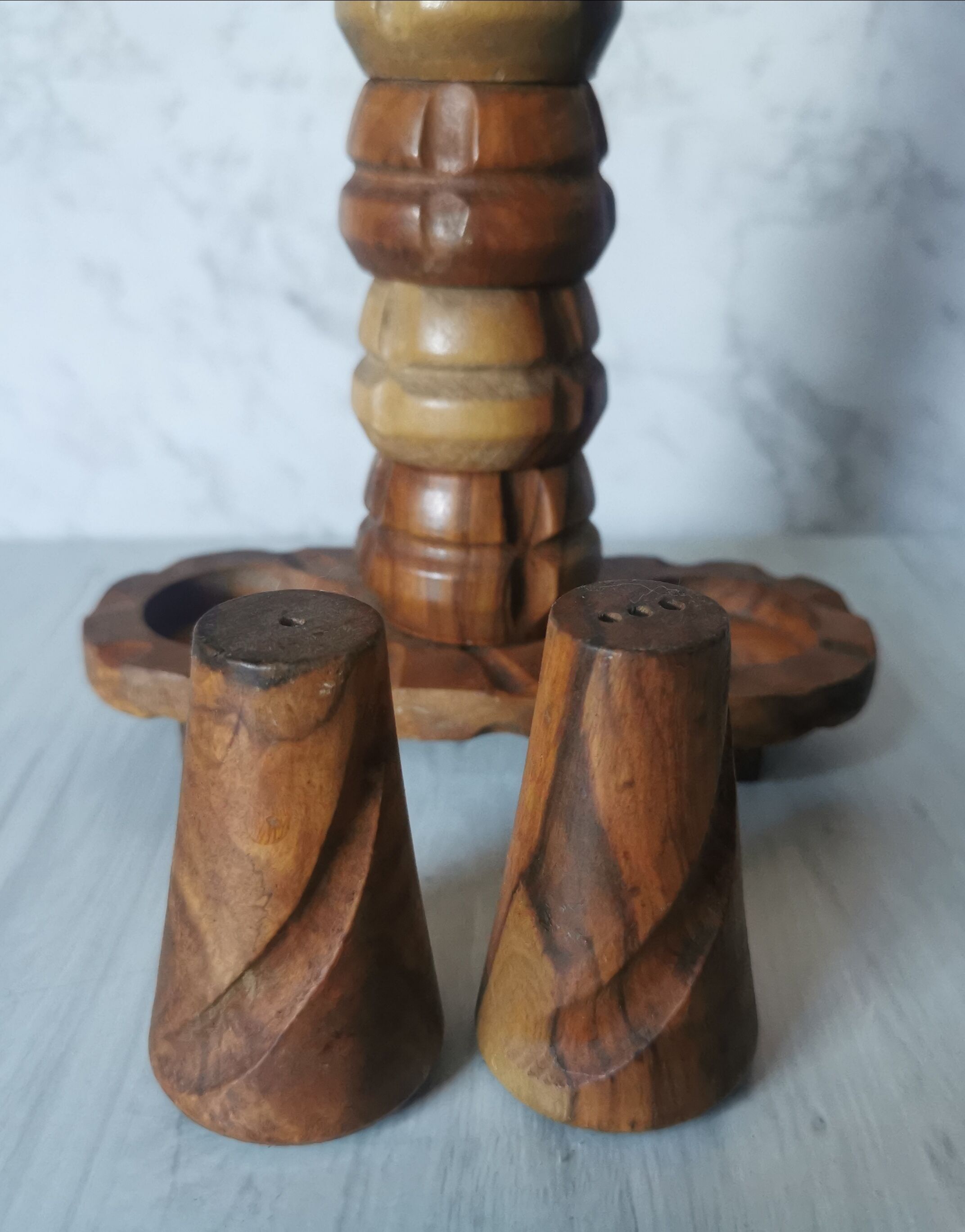 Carved wood shells salt and pepper shaker