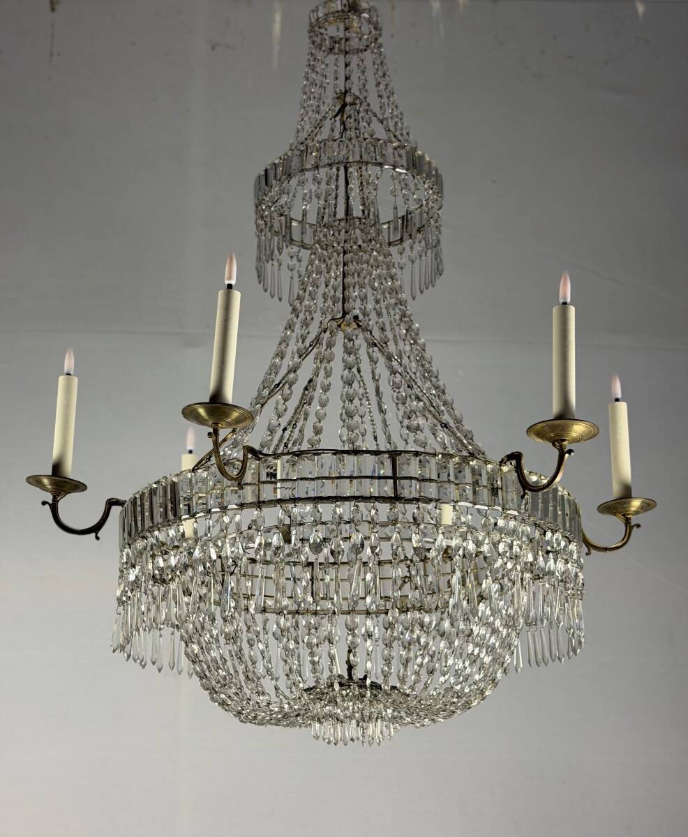Beaded bag chandelier, six lights, circa 1800