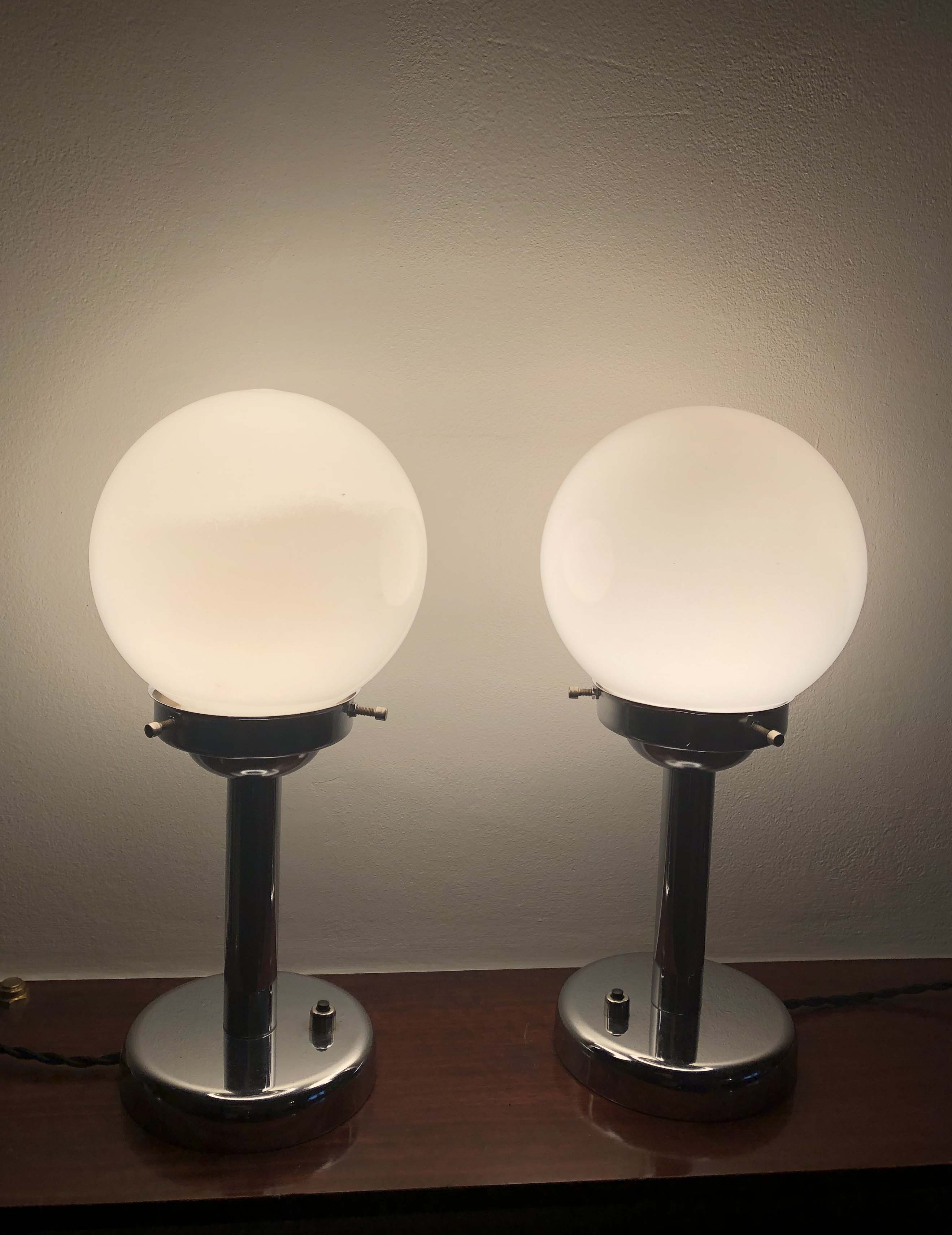 Pair of chrome lamps and opaline art deco
