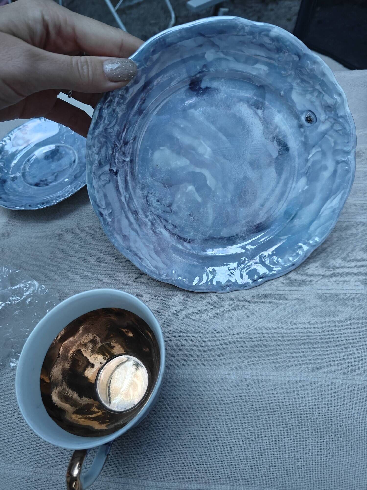 Vintage Marble Purple & Gold Interior Porcelain Coffee/Tea Trio -