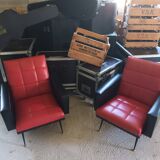 Pair of vintage armchairs in red and black Skai