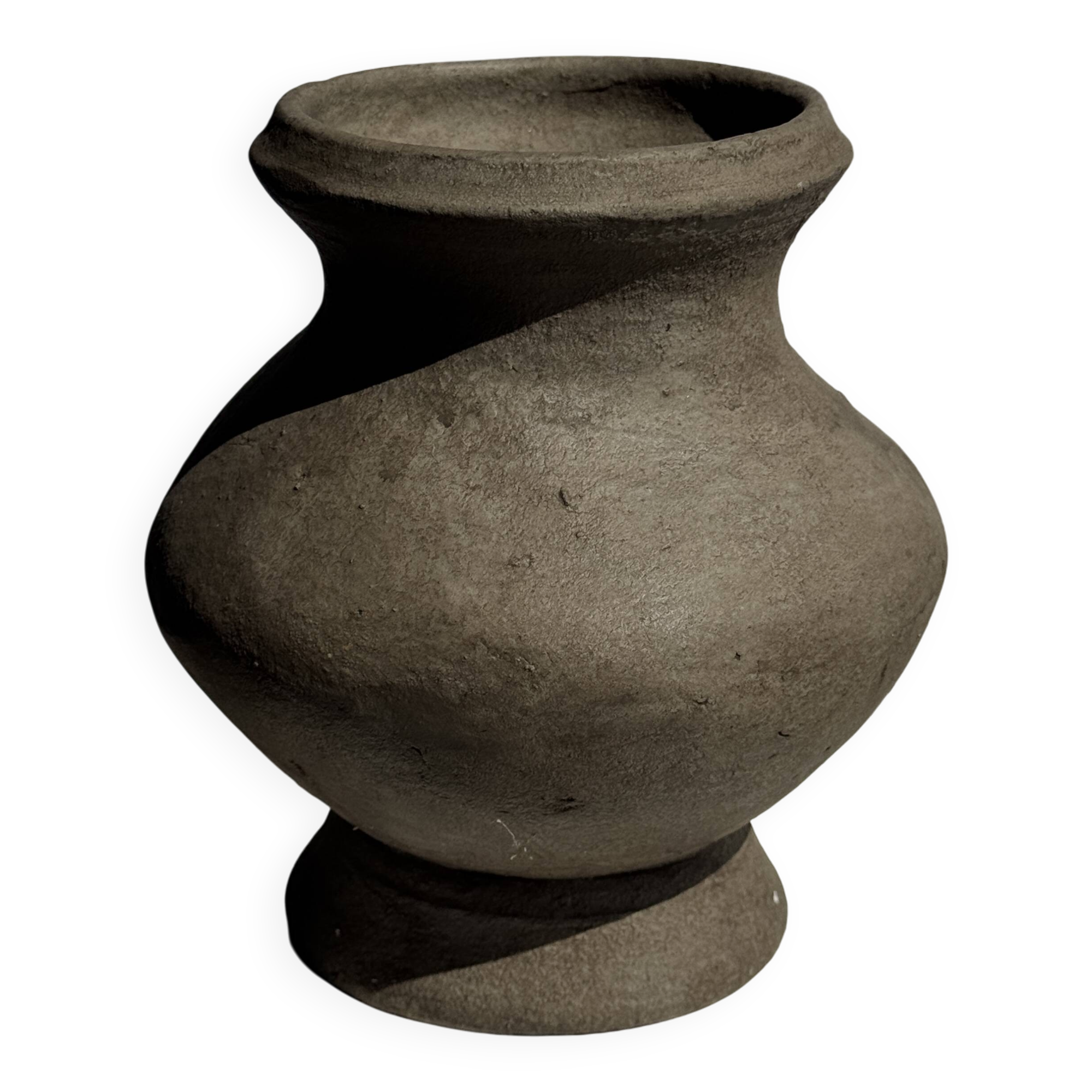 Small brutalist handcrafted terracotta vase with a pedestal, Indonesian, H19 D17.