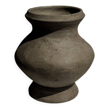 Small brutalist handcrafted terracotta vase with a pedestal, Indonesian, H19 D17.