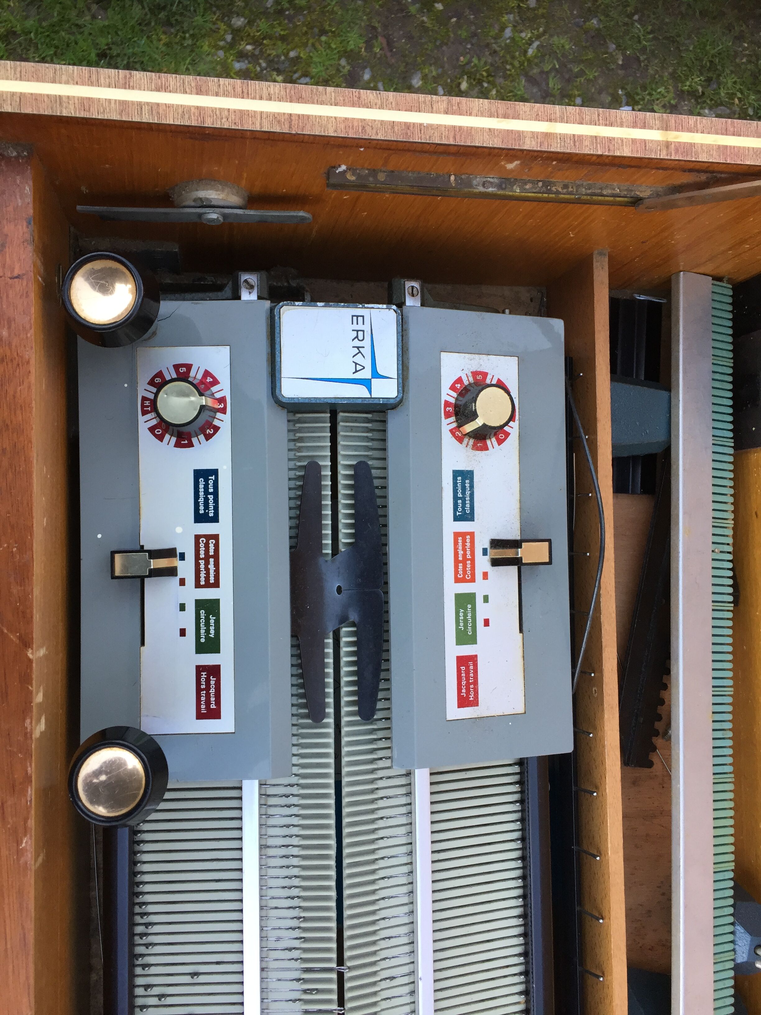 Vintage oak console desk table with square metal tube base (knitting machine)