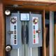 Vintage oak console desk table with square metal tube base (knitting machine)