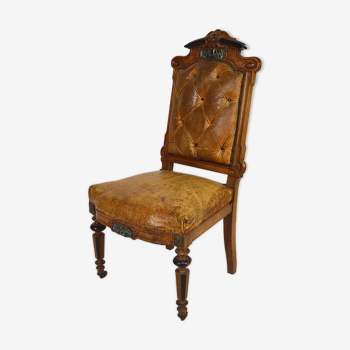 Chaise d'apparat d'époque Napoléon III en noyer cuir et marbre, circa 1860