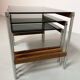3 tables gigognes Fristho de design hollandais avec plateau en verre fumé et cadre en wengé, années 60