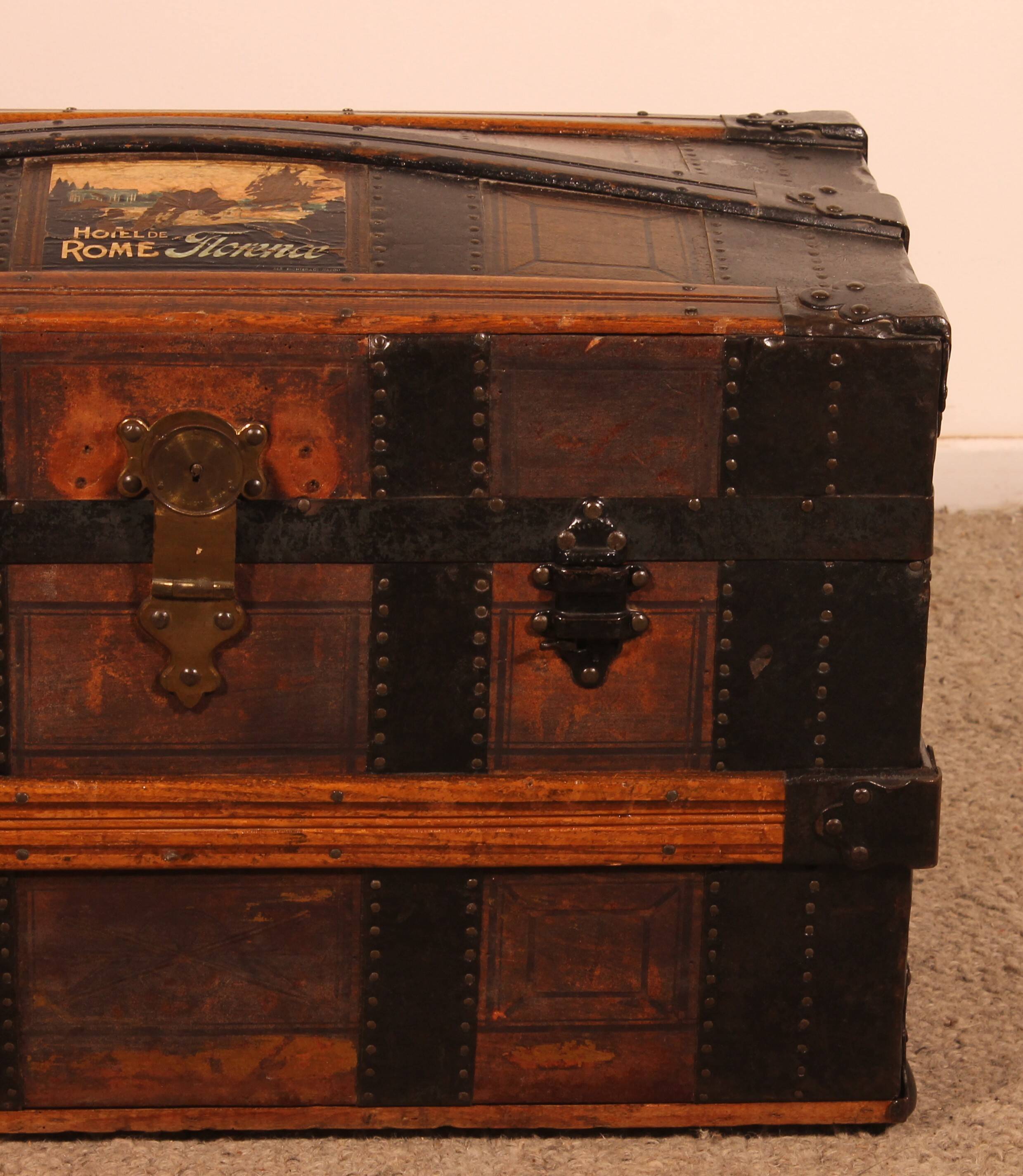 travel trunk from the early 20th century made of leather and wood