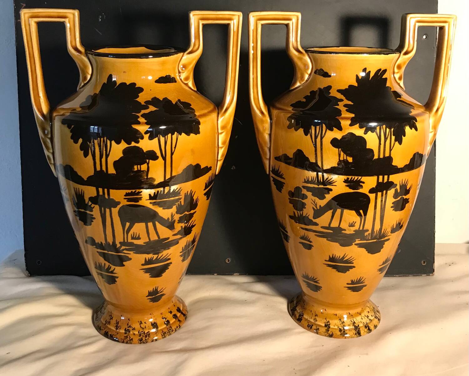 Pair of Orchies Art Deco Vases with silhouette style Fawn decoration