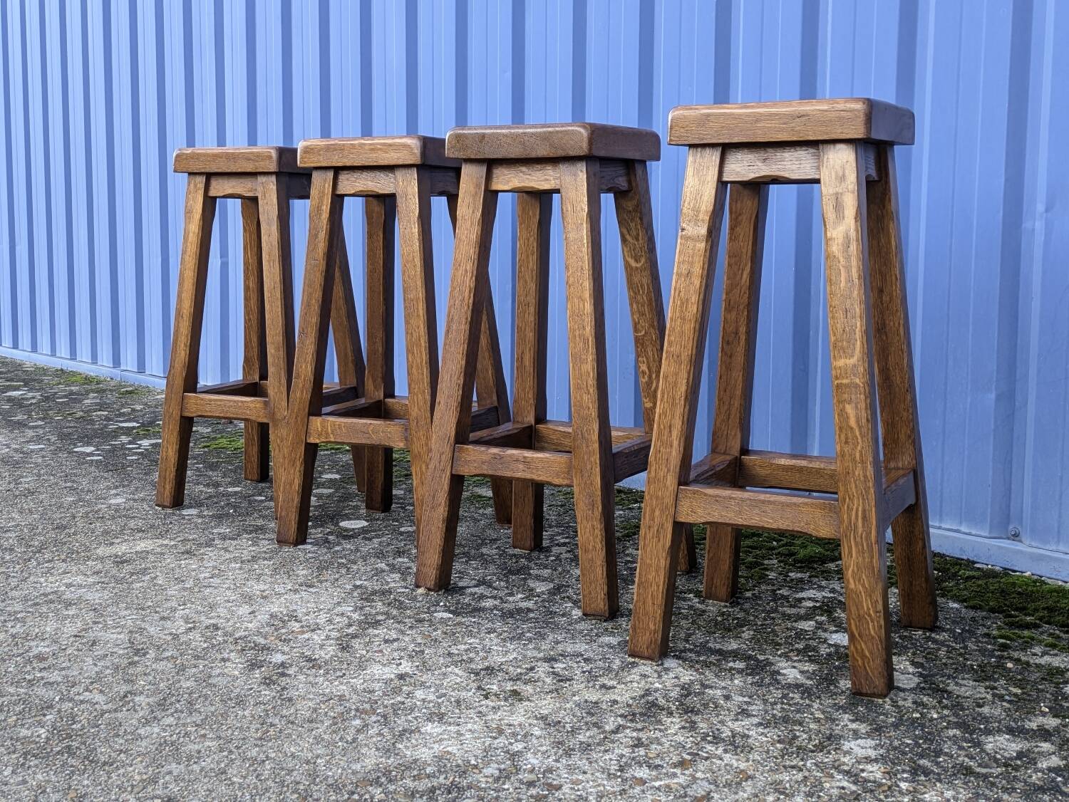 4 Bar Stools, Brutalist Solid Wood Vintage