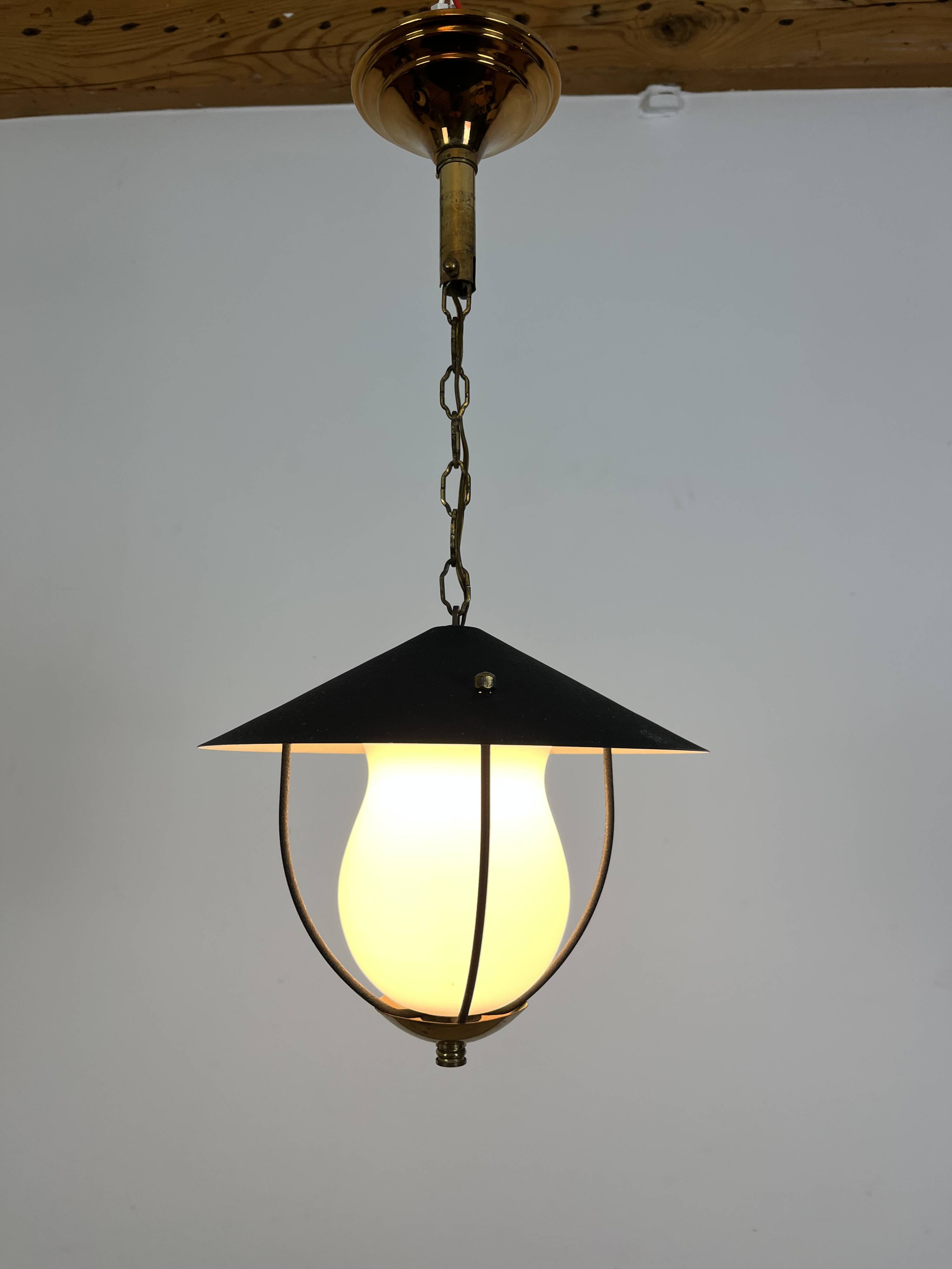 50s lantern pendant light, opaline and metal