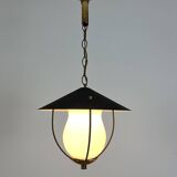 50s lantern pendant light, opaline and metal