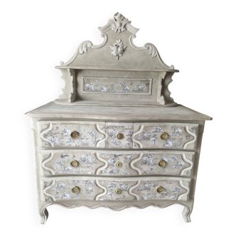 Large chest of drawers higher by Saint-Hubert, toile de Jouy decor