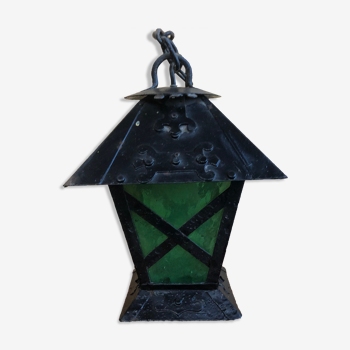 Ancienne Suspension Lanterne Métal Noir + Verre Vert & Jaune Vintage