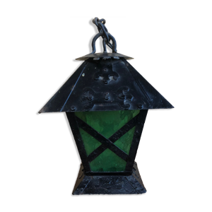 Ancienne suspension Lanterne Métal Noir + verre Vert & Jaune Vintage