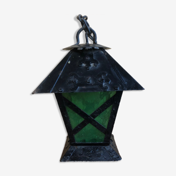 Old Suspension Lantern Metal Black + Glass Green & Yellow Vintage