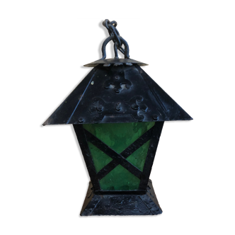 Old Lantern Pendant Light Black Metal + Green & Yellow Glass Vintage