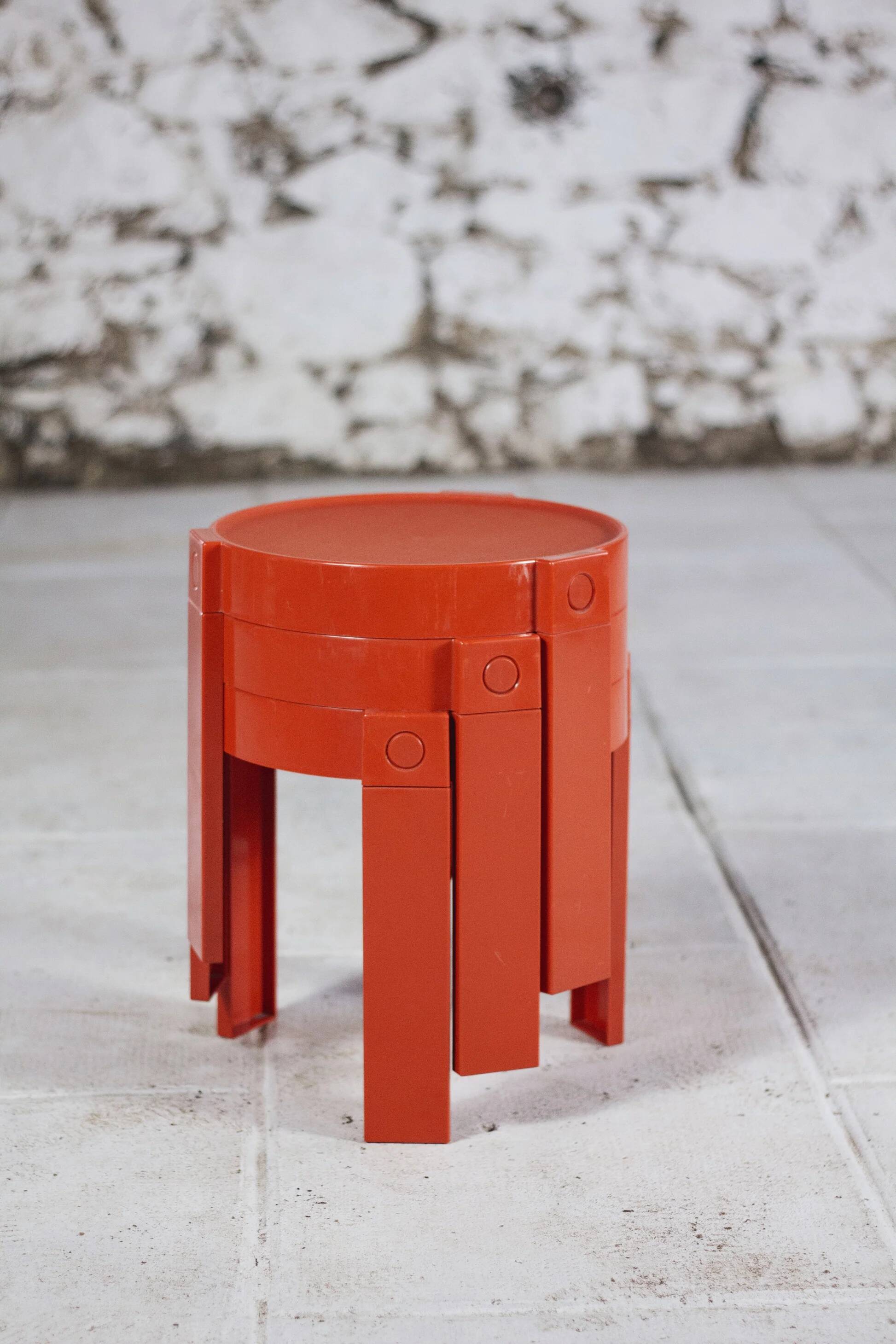 3 nesting tables in orange plastic by Prisunic, 1970.
