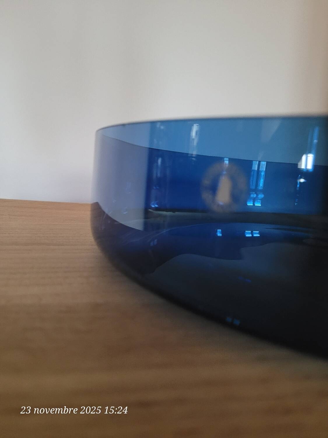 Round blue glass serving dish