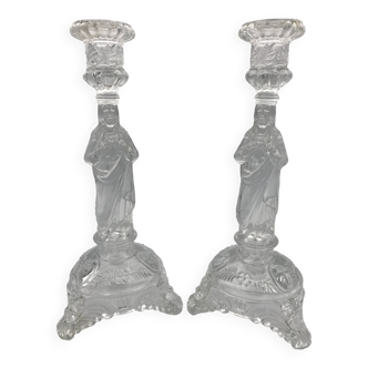 Pair of glass candlesticks from Portieux with religious decoration of the Sacred Heart of Jesus