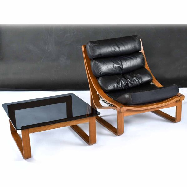 Table d'appoint, table basse carrée en teck et verre Frank Lowen pour Tessa T4, années 1970