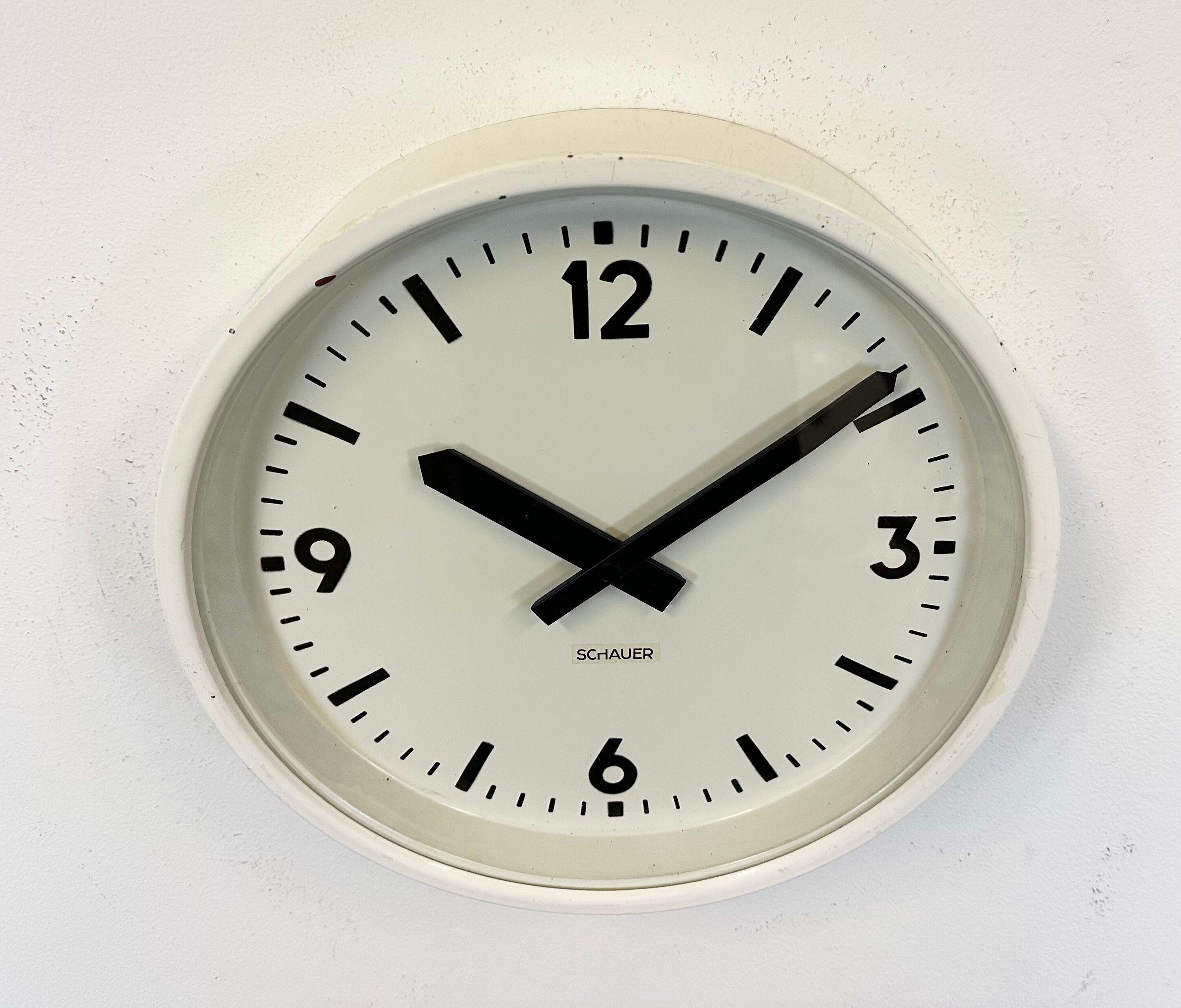 White industrial austrian factory wall clock from Schauer, 1960s