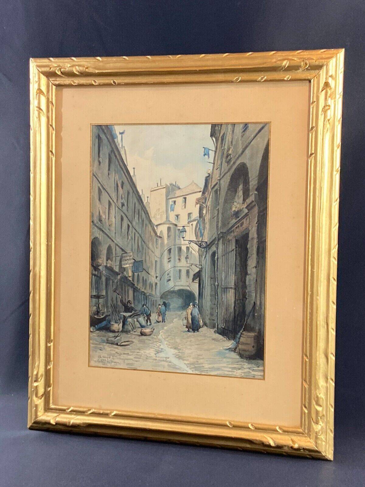 Aquarelle signée Charles Forget (1886-1960) La cour du dragon 1925 Paris VIème