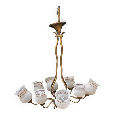 Lustre 8 feux vintage en laiton et verre sablé blanc et doré