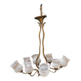 Vintage Lustre Brass and Frosted Glass with White and Gold Large Grains 8 Lights