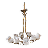 Lustre 8 feux vintage en laiton et verre sablé blanc et doré
