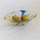 Vintage Murano glass bowl - organic oval shape, transparent glass with blue and yellow - 1970s Italian design - elegant table decoration, gift idea.
