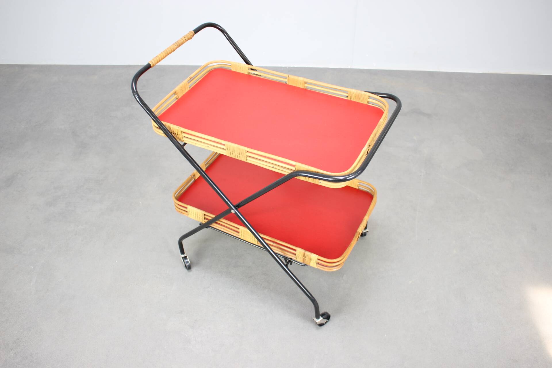 1960s Czechoslovak Mid-Century Folding Bamboo Serving Trolley Bar Cart